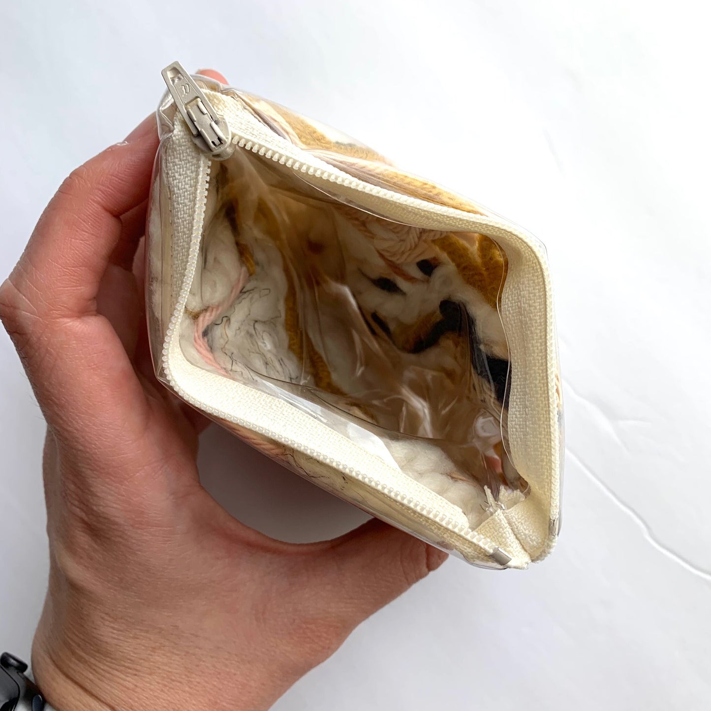 Mini upcycled pouch / 2 sided yarn filled