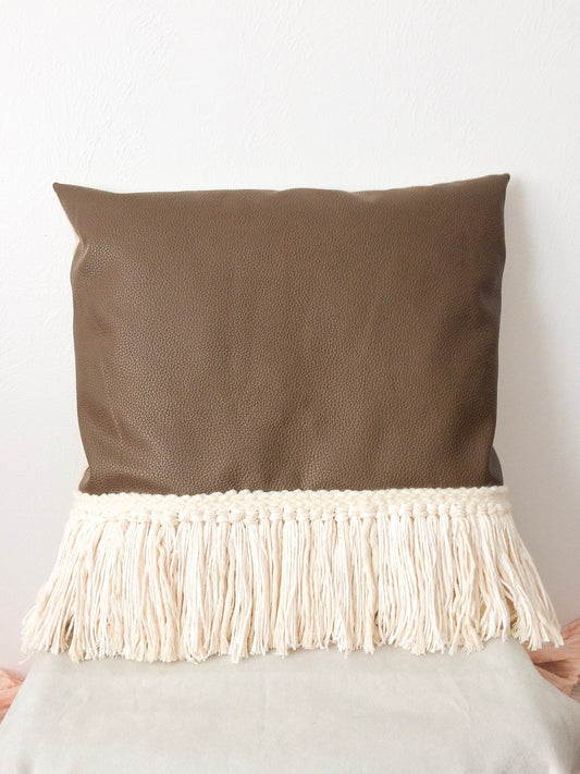 Brown leather and fringe woven pillow